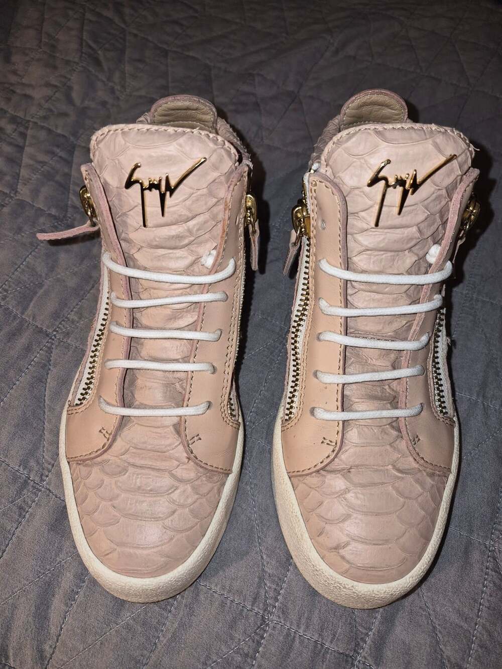 Giuseppe Zanotti Double Zip High-Top Sneakers in Blush Pink Python Embossed Leat